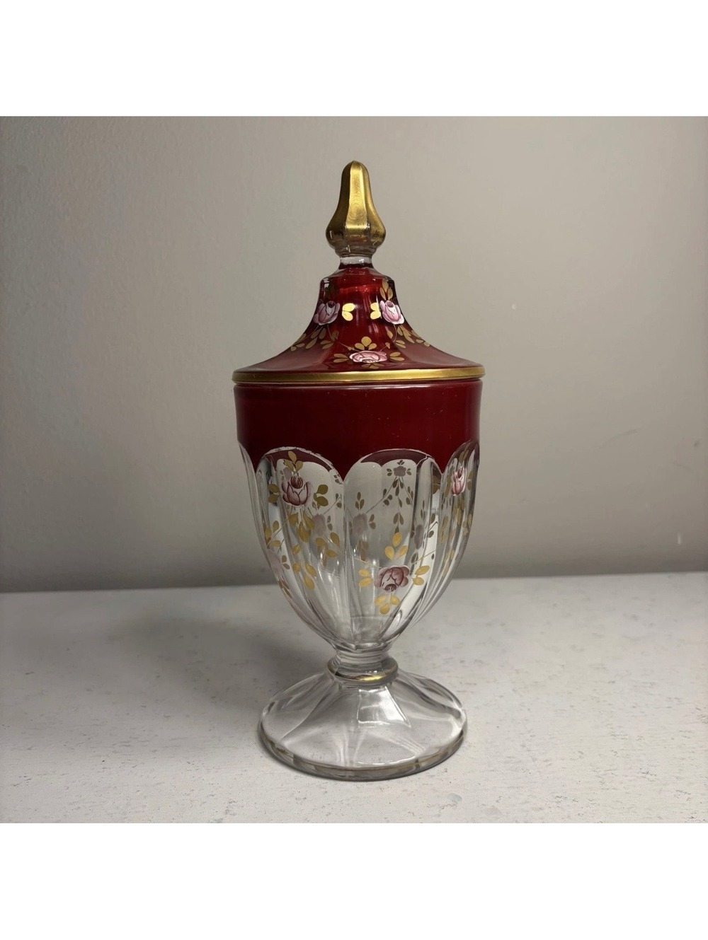 Vintage Glass Candy Paneled Apothecary Jar Red to Clear Hand Painted Flowers